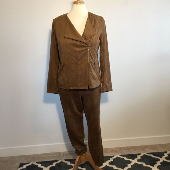 Suede 2 pc Zip Jacket ankle pants suit L (12/14) Old Money Clean Girl J. Jill - Picture 1 of 16